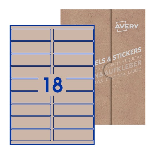 illustrazione di un foglio con 18 etichette rettangolari e sullo sfondo una confezione marrone - Etichette adesive rettangolari  100 x 30mm 