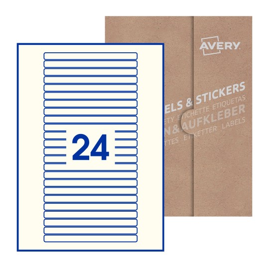 illustrazione di un foglio con 24 etichette rettangolari e sullo sfondo una confezione marrone - Etichette adesive stampabili 134 x 11mm 