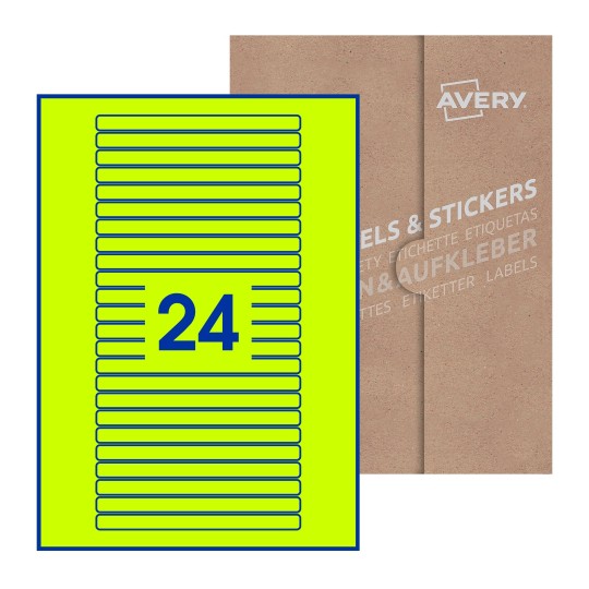 illustrazione di un foglio con 24 etichette rettangolari e sullo sfondo una confezione marrone - Etichette adesive stampabili 134 x 11mm 