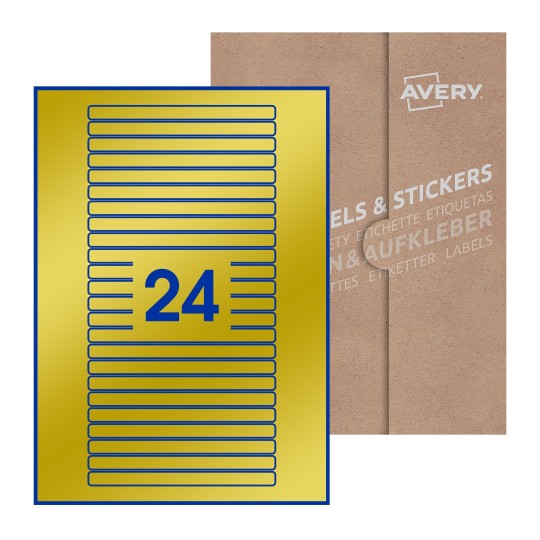illustrazione di un foglio con 24 etichette rettangolari e sullo sfondo una confezione marrone - Etichette adesive stampabili 134 x 11mm 