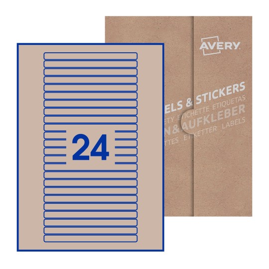 illustrazione di un foglio con 24 etichette rettangolari e sullo sfondo una confezione marrone - Etichette adesive stampabili 134 x 11mm 