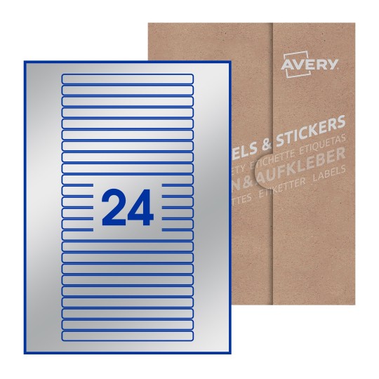 illustrazione di un foglio con 24 etichette rettangolari e sullo sfondo una confezione marrone - Etichette adesive stampabili 134 x 11mm 