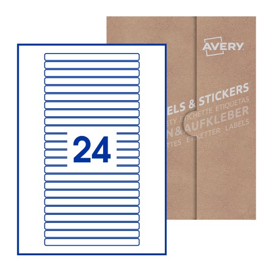 illustrazione di un foglio con 24 etichette rettangolari e sullo sfondo una confezione marrone - Etichette adesive stampabili 134 x 11mm 