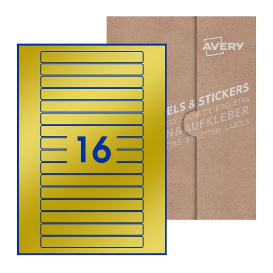 illustrazione di un foglio con 16 etichette rettangolari e sullo sfondo una confezione marrone - Etichette adesive stampabili 145 x 17mm 