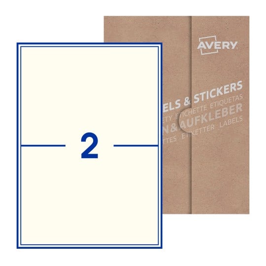 illustrazione di un foglio con 2 etichette rettangolari e sullo sfondo una confezione marrone - Etichette adesive stampabili 200 x 144mm 