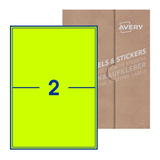 illustrazione di un foglio con 2 etichette rettangolari e sullo sfondo una confezione marrone - Etichette adesive stampabili 200 x 144mm 