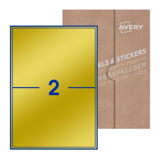 illustrazione di un foglio con 2 etichette rettangolari e sullo sfondo una confezione marrone - Etichette adesive stampabili 200 x 144mm 