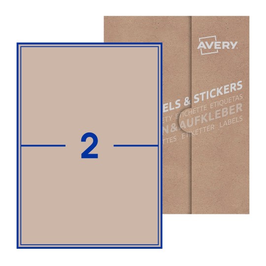 illustrazione di un foglio con 2 etichette rettangolari e sullo sfondo una confezione marrone - Etichette adesive stampabili 200 x 144mm 