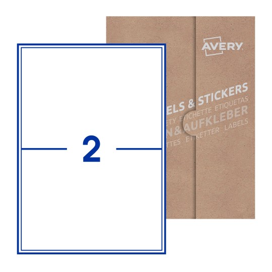 illustrazione di un foglio con 2 etichette rettangolari e sullo sfondo una confezione marrone - Etichette adesive stampabili 200 x 144mm 
