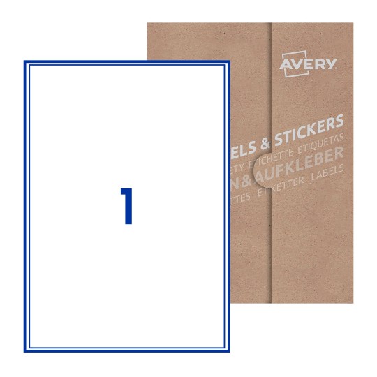 illustrazione di un foglio con 1 etichetta rettangolare e sullo sfondo una confezione marrone - Etichette adesive stampabili 200 x 289mm 