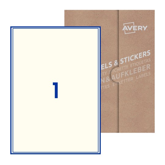 illustrazione di un foglio con 1 etichetta rettangolare e sullo sfondo una confezione marrone - Etichette adesive stampabili 200 x 289mm 