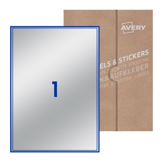 illustrazione di un foglio con 1 etichetta rettangolare e sullo sfondo una confezione marrone - Etichette adesive stampabili 200 x 289mm 