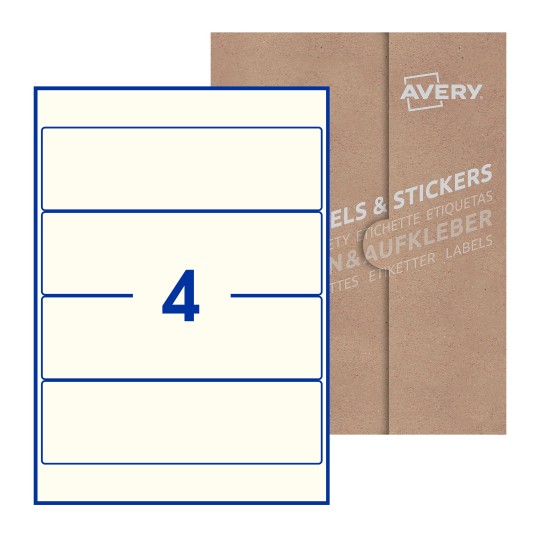 illustrazione di un foglio con 4 etichette rettangolari e sullo sfondo una confezione marrone - Etichette adesive stampabili 200 x 60mm 