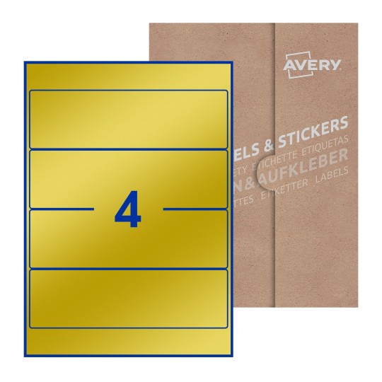 illustrazione di un foglio con 4 etichette rettangolari e sullo sfondo una confezione marrone - Etichette adesive stampabili 200 x 60mm 