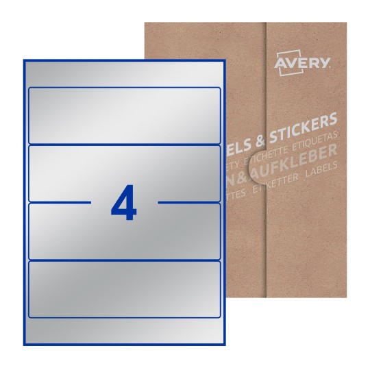 illustrazione di un foglio con 4 etichette rettangolari e sullo sfondo una confezione marrone - Etichette adesive stampabili 200 x 60mm 