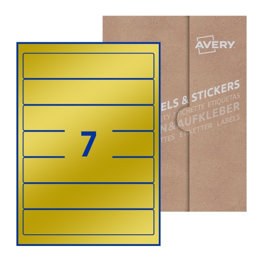 illustrazione di un foglio con 7 etichette rettangolari e sullo sfondo una confezione marrone - Etichette adesive rettangolari  38 x 192mm 