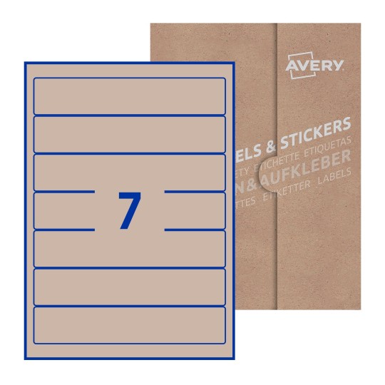 illustrazione di un foglio con 7 etichette rettangolari e sullo sfondo una confezione marrone - Etichette adesive rettangolari  38 x 192mm 