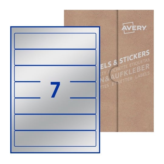 illustrazione di un foglio con 7 etichette rettangolari e sullo sfondo una confezione marrone - Etichette adesive rettangolari  38 x 192mm 