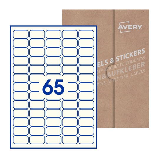 illustrazione di un foglio con 65 etichette rettangolari e sullo sfondo una confezione marrone - Etichette adesive rettangolari  38 x 21mm 
