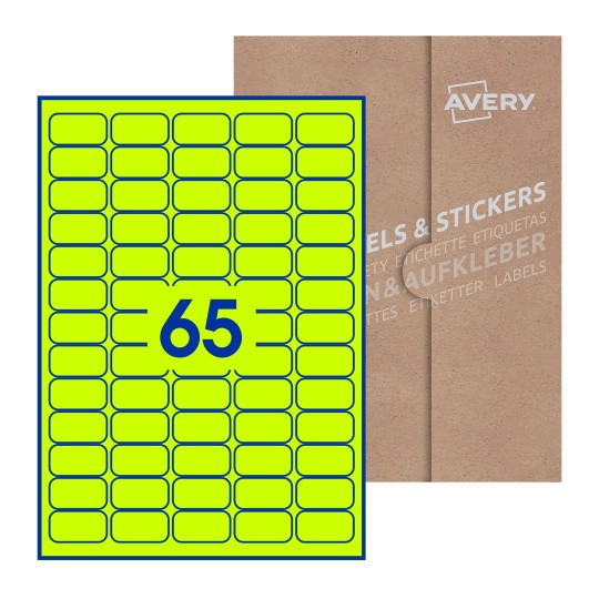 illustrazione di un foglio con 65 etichette rettangolari e sullo sfondo una confezione marrone - Etichette adesive rettangolari  38 x 21mm 