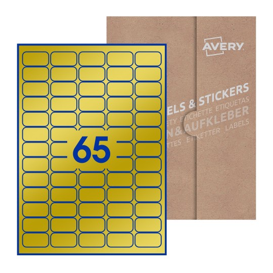 illustrazione di un foglio con 65 etichette rettangolari e sullo sfondo una confezione marrone - Etichette adesive rettangolari  38 x 21mm 