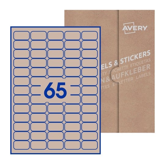 illustrazione di un foglio con 65 etichette rettangolari e sullo sfondo una confezione marrone - Etichette adesive rettangolari  38 x 21mm 