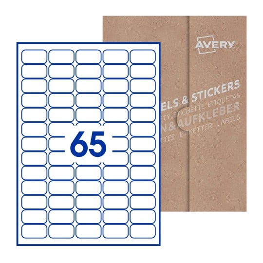 illustrazione di un foglio con 65 etichette rettangolari e sullo sfondo una confezione marrone - Etichette adesive rettangolari  38 x 21mm 