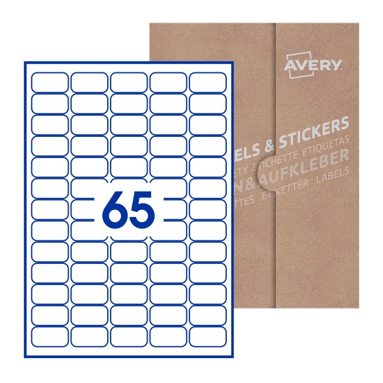 illustrazione di un foglio con 65 etichette rettangolari e sullo sfondo una confezione marrone - Etichette adesive rettangolari  38 x 21mm 
