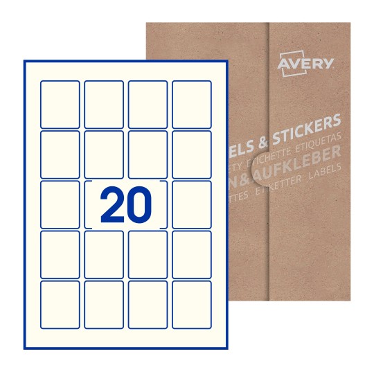 illustrazione di un foglio con 20 etichette rettangolari e sullo sfondo una confezione marrone - Etichette adesive rettangolari  41x50mm 