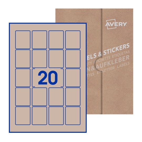illustrazione di un foglio con 20 etichette rettangolari e sullo sfondo una confezione marrone - Etichette adesive rettangolari  41x50mm 