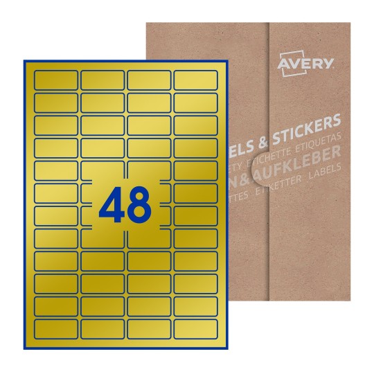 illustrazione di un foglio con 48 etichette rettangolari e sullo sfondo una confezione marrone - Etichette adesive rettangolari  46 x 21mm 