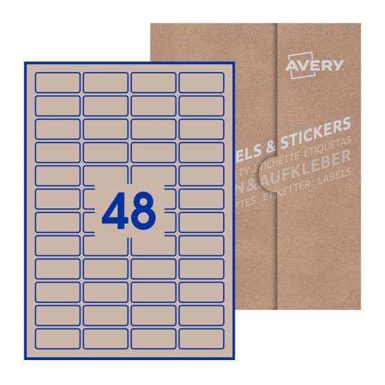 illustrazione di un foglio con 48 etichette rettangolari e sullo sfondo una confezione marrone - Etichette adesive rettangolari  46 x 21mm 