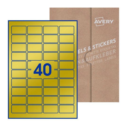 illustrazione di un foglio con 40 etichette rettangolari e sullo sfondo una confezione marrone - Etichette adesive rettangolari  46 x 25mm 