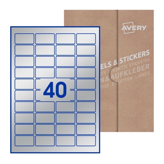 illustrazione di un foglio con 40 etichette rettangolari e sullo sfondo una confezione marrone - Etichette adesive rettangolari  46 x 25mm 