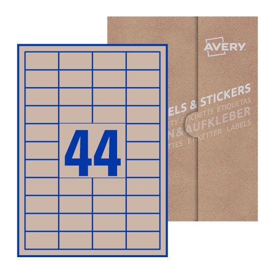 illustrazione di un foglio con 44 etichette rettangolari e sullo sfondo una confezione marrone - Etichette adesive rettangolari 47 x 25 mm