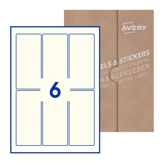 illustrazione di un foglio con 6 etichette rettangolari e sullo sfondo una confezione marrone - Etichette adesive rettangolari  60 x 130mm 