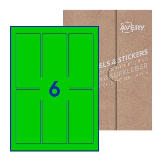 illustrazione di un foglio con 6 etichette rettangolari e sullo sfondo una confezione marrone - Etichette adesive rettangolari  60 x 130mm 