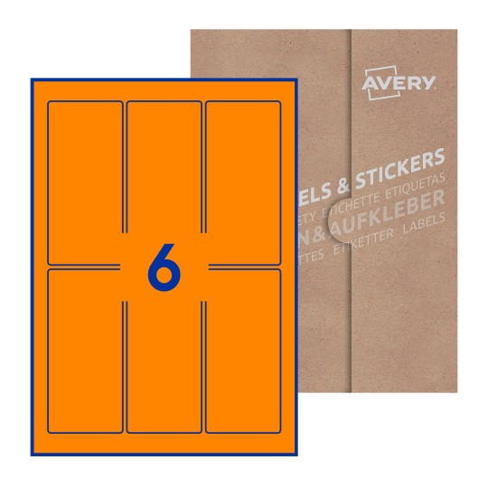 illustrazione di un foglio con 6 etichette rettangolari e sullo sfondo una confezione marrone - Etichette adesive rettangolari  60 x 130mm 