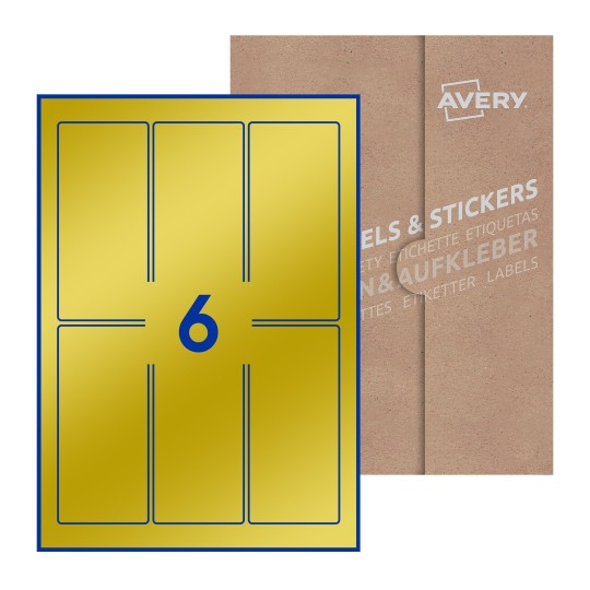 illustrazione di un foglio con 6 etichette rettangolari e sullo sfondo una confezione marrone - Etichette adesive rettangolari  60 x 130mm 