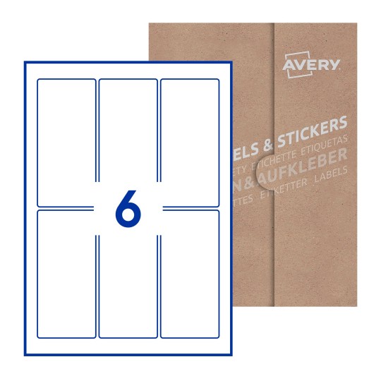 illustrazione di un foglio con 6 etichette rettangolari e sullo sfondo una confezione marrone - Etichette adesive rettangolari  60 x 130mm 