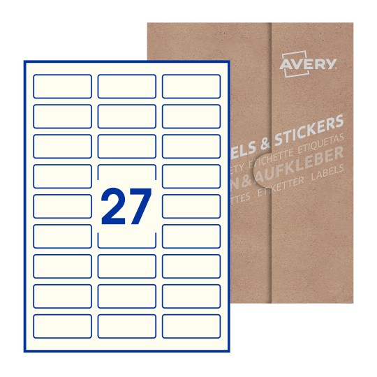 illustrazione di un foglio con 27 etichette rettangolari e sullo sfondo una confezione marrone - Etichette adesive rettangolari  60 x 25mm 