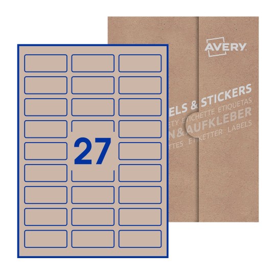 illustrazione di un foglio con 27 etichette rettangolari e sullo sfondo una confezione marrone - Etichette adesive rettangolari  60 x 25mm 