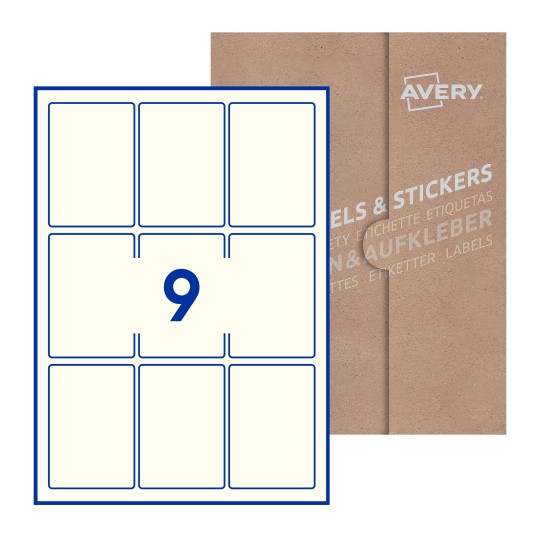 illustrazione di un foglio con 9 etichette rettangolari e sullo sfondo una confezione marrone - Etichette adesive rettangolari  62 x 89mm 
