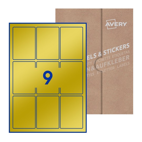illustrazione di un foglio con 9 etichette rettangolari e sullo sfondo una confezione marrone - Etichette adesive rettangolari  62 x 89mm 