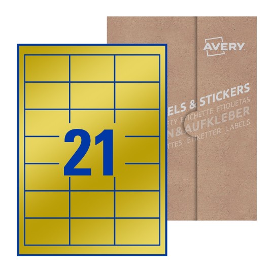 illustrazione di un foglio con 21 etichette rettangolari e sullo sfondo una confezione marrone - Etichette adesive rettangolari 63 x 38  mm