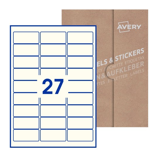 illustrazione di un foglio con 27 etichette rettangolari e sullo sfondo una confezione marrone - Etichette adesive rettangolari  64 x 30mm 