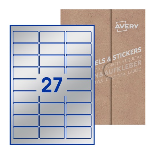 illustrazione di un foglio con 27 etichette rettangolari e sullo sfondo una confezione marrone - Etichette adesive rettangolari  64 x 30mm 