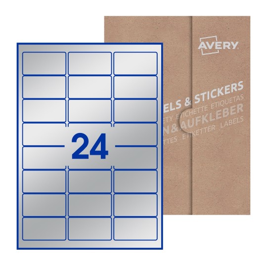 illustrazione di un foglio con 24 etichette rettangolari e sullo sfondo una confezione marrone - Etichette adesive rettangolari  64 x 34mm 