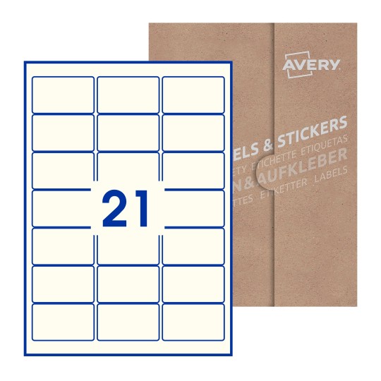 illustrazione di un foglio con 21 etichette rettangolari e sullo sfondo una confezione marrone - Etichette adesive rettangolari  64 x 38mm 