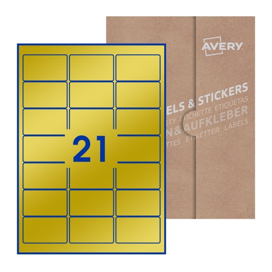 illustrazione di un foglio con 21 etichette rettangolari e sullo sfondo una confezione marrone - Etichette adesive rettangolari  64 x 38mm 